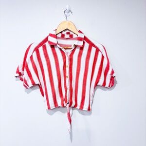 GARAGE Red White Striped Cropped Button Down Tie Front Summer Shirt | X-Small*